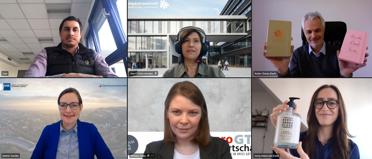 (oben v.l.) Gründer Daniel Wortmeier, Ana-Cristina Lavrador (Handwerkskammer) und Gründer Achim Christa, (unten v.l.) Kathrin Teschke (IHK), Anna Niehaus (pro Wirtschaft GT) und Gründerin Jenny Adamczak (oben v.l.) Gründer Daniel Wortmeier, Ana-Cristina Lavrador (Handwerkskammer) und Gründer Achim Christa, (unten v.l.) Kathrin Teschke (IHK), Anna Niehaus (pro Wirtschaft GT) und Gründerin Jenny Adamczak